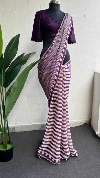 Deep wine chiffon saree with patterned blouse