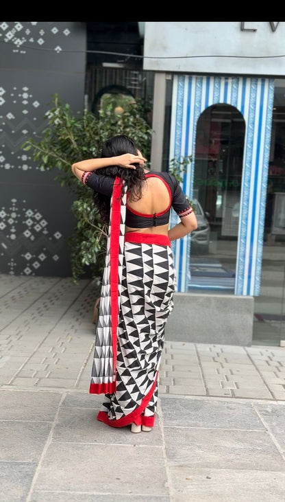 Black & white triangle cotton designer saree