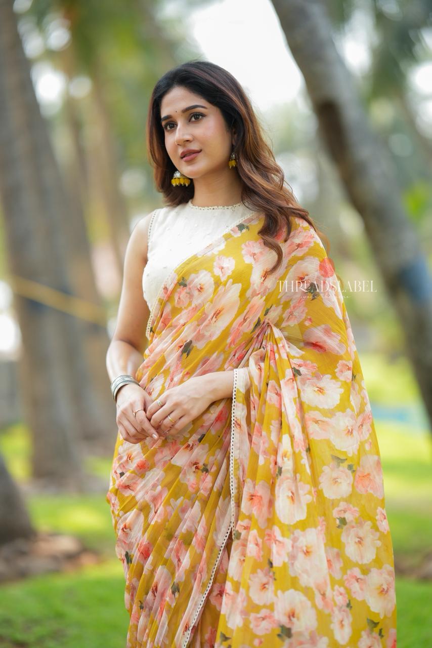 Fenugreek chiffon floral saree with linen mirror blouse