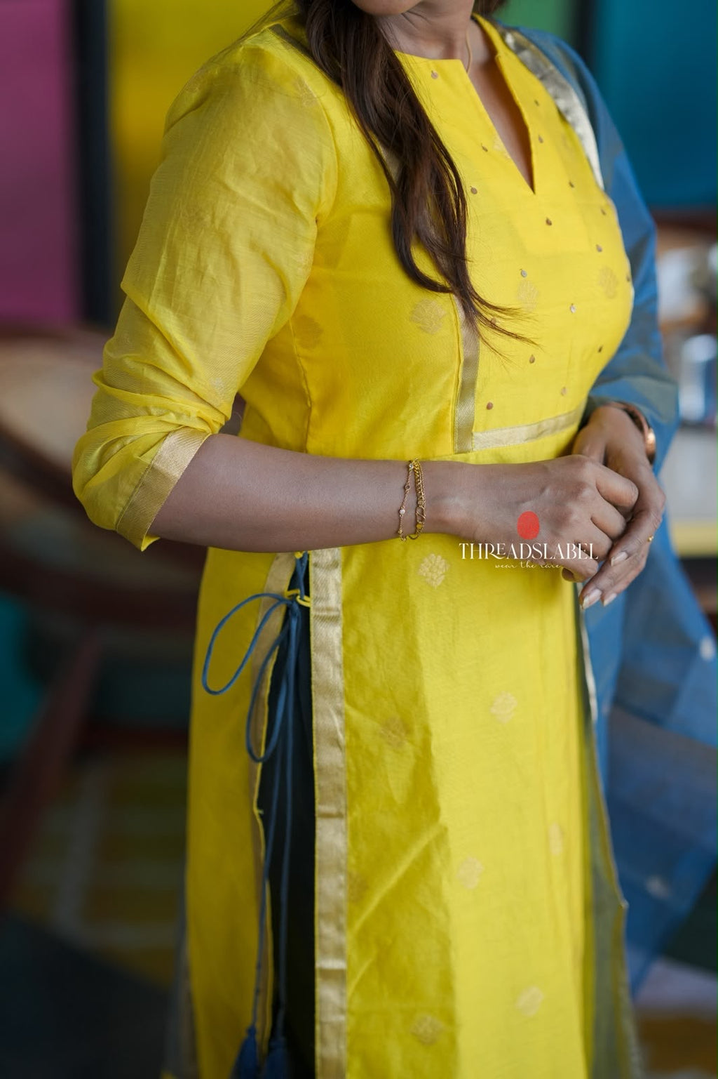 Yellow & blue chanderi 3 piece kurti