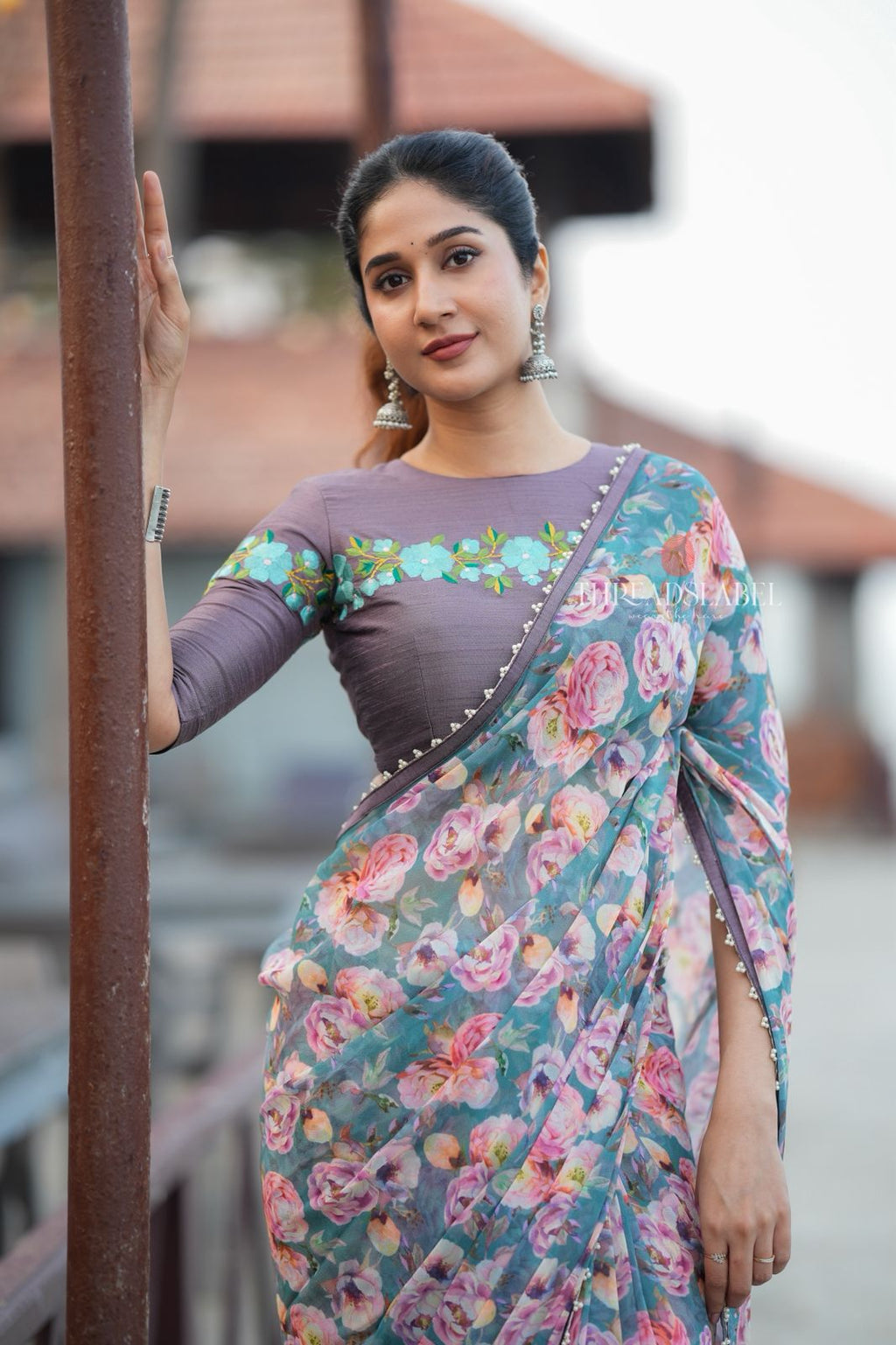 Blue floral georgette saree with grey embroidery blouse