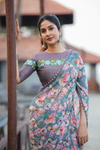 Blue floral georgette saree with grey embroidery blouse