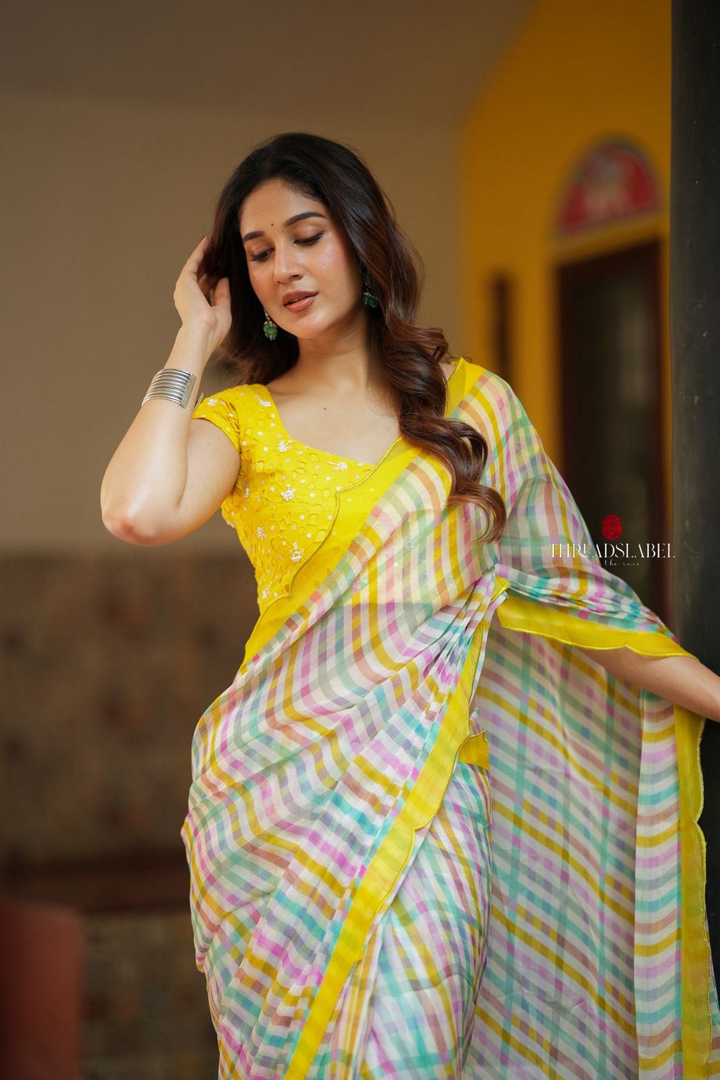 Multi viscose jute saree with hand work blouse