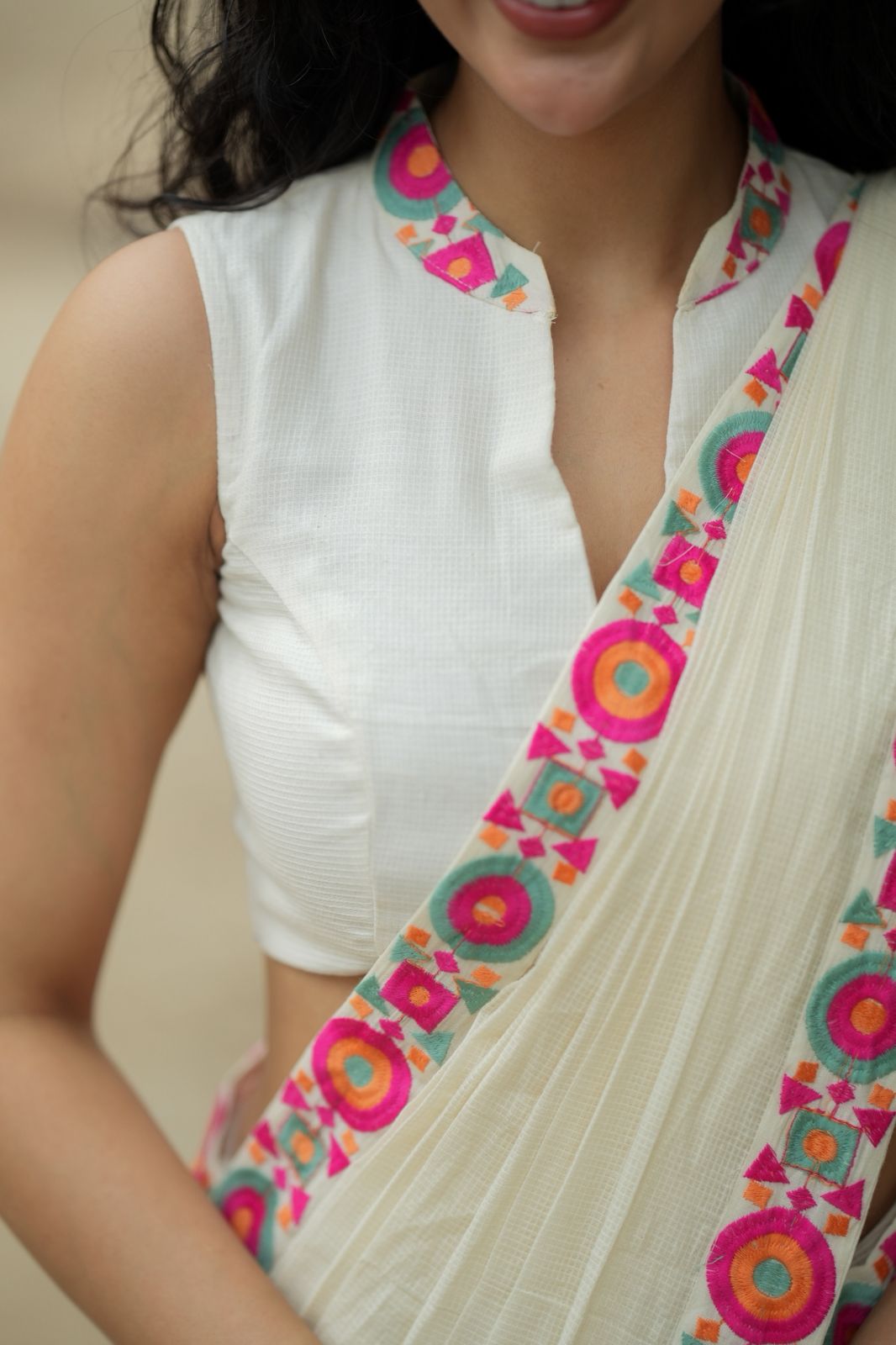 Cream cotton kota saree with embroidery work blouse