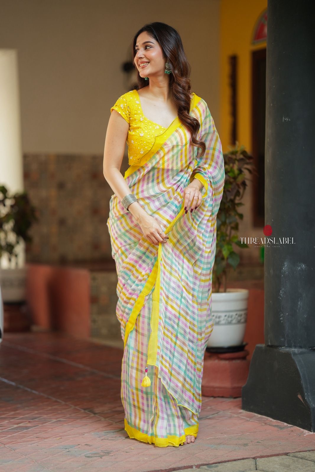 Multi viscose jute saree with hand work blouse