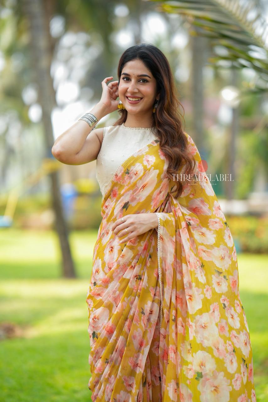 Fenugreek chiffon floral saree with linen mirror blouse