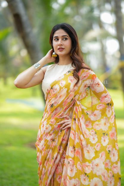 Fenugreek chiffon floral saree with linen mirror blouse