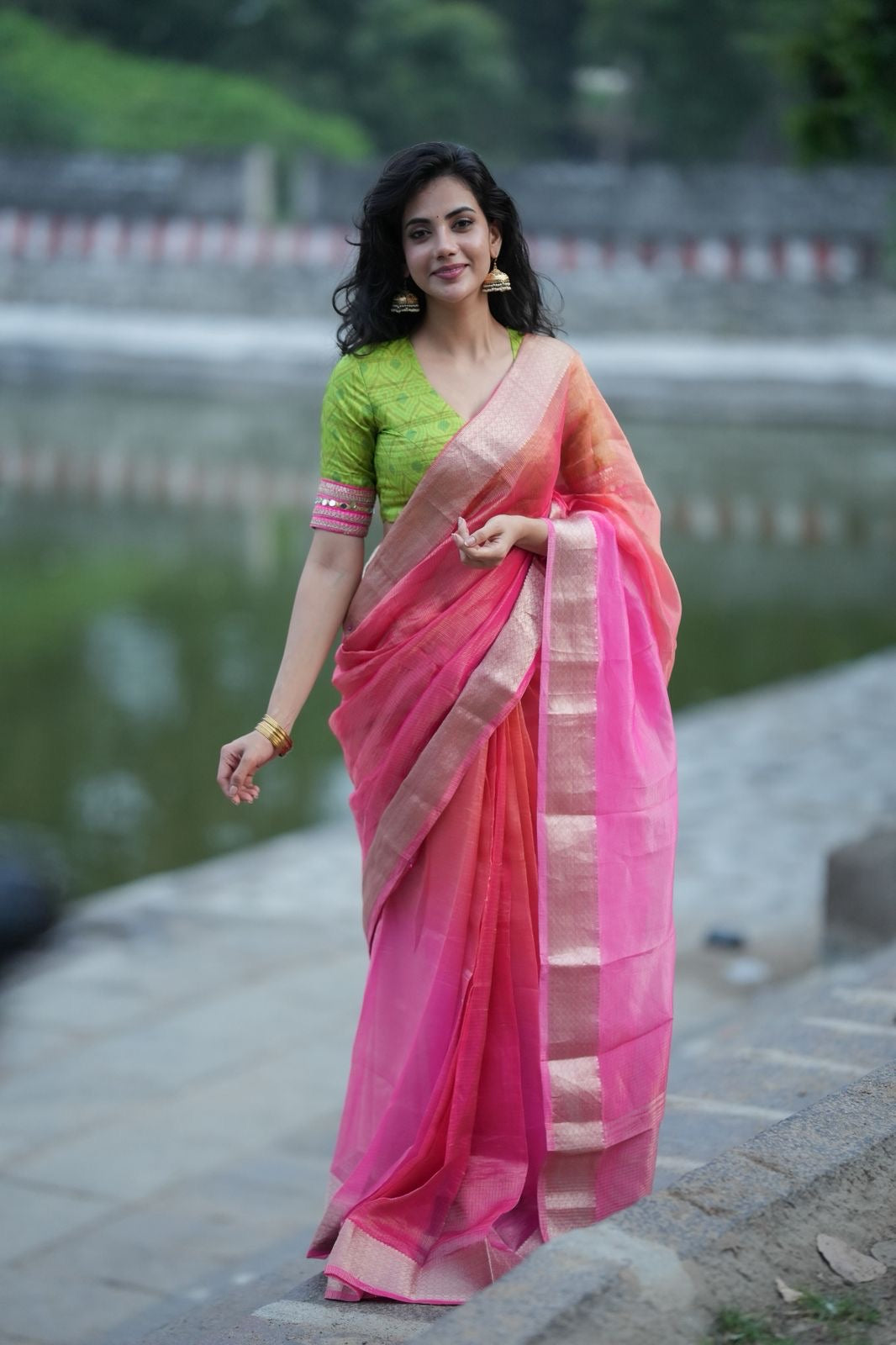 Parrot ikkat silk hand work blouse (Only blouse)