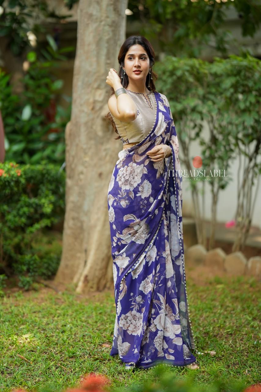 Purple chiffon floral saree with hand work blouse