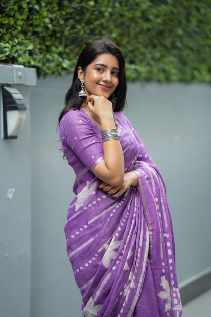 Purple linen floral saree with hand work blouse