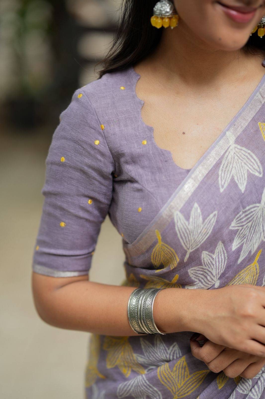 Lavender linen floral saree with hand work blouse