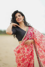 Cream red kota saree with silk hand work blouse