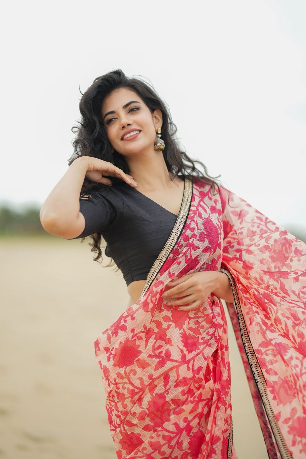 Cream red kota saree with silk hand work blouse