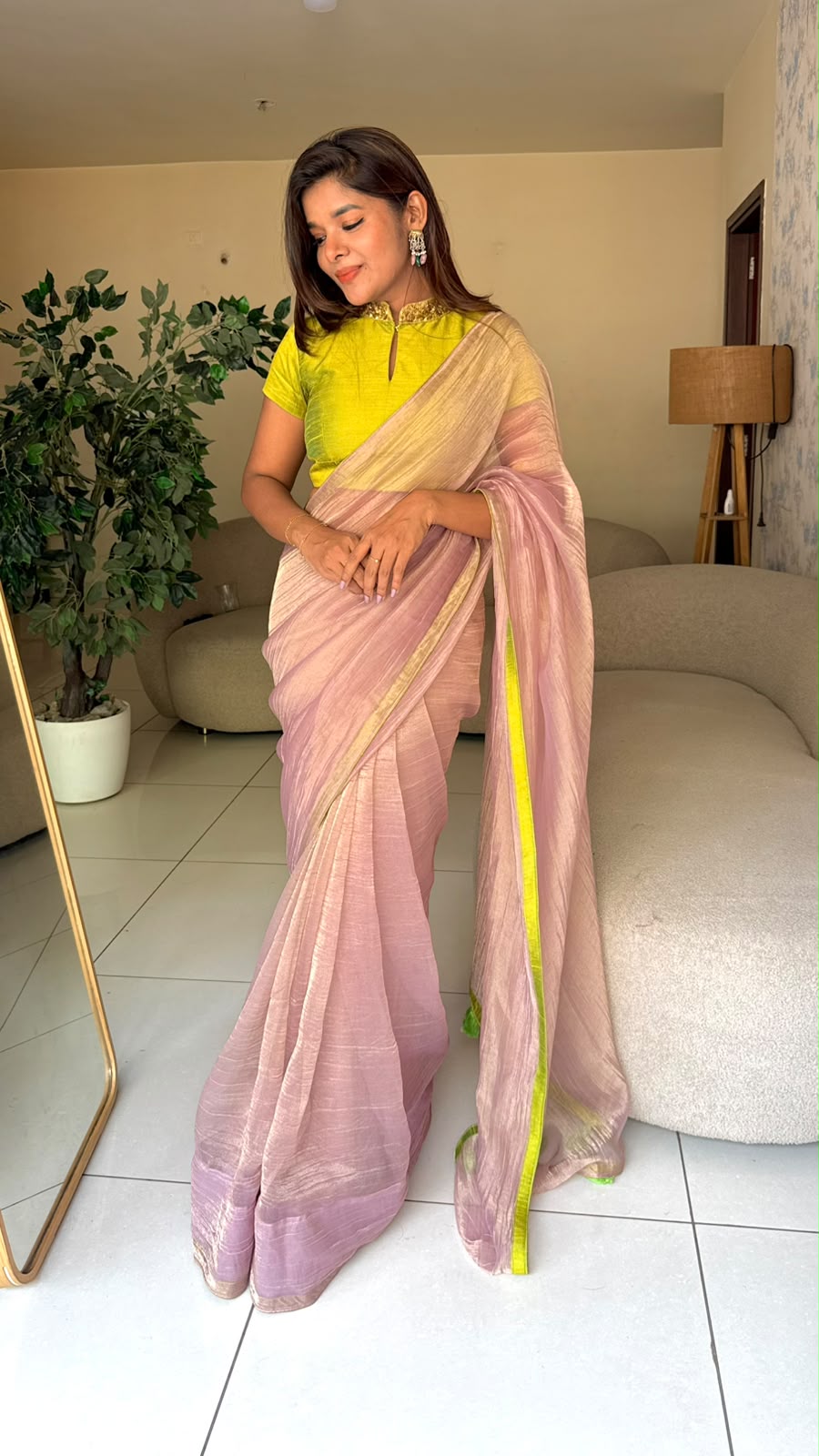 Purple pink tissue saree with hand work blouse