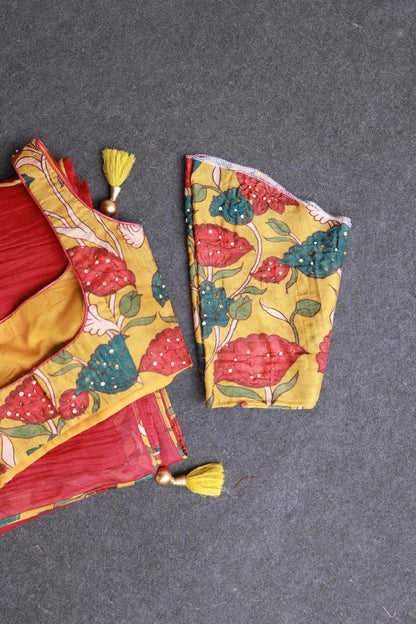 Red chanderi cotton saree with kalamkari handwork blouse