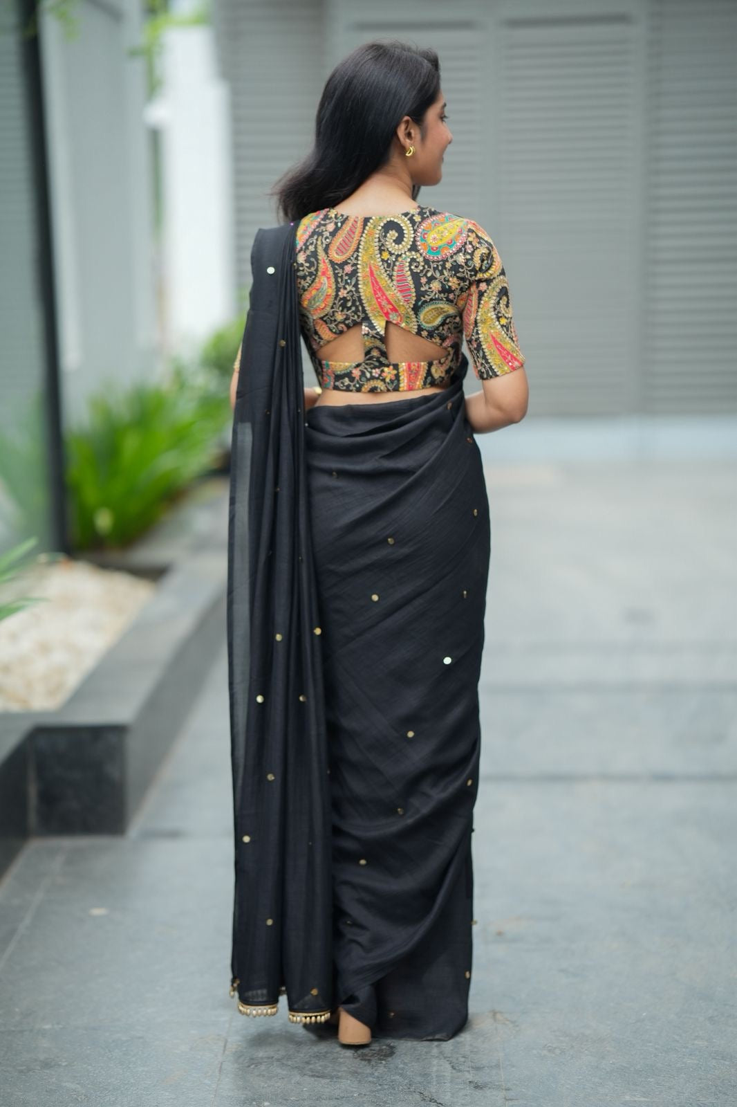 Black malai chanderi saree with heavy embroidery blouse