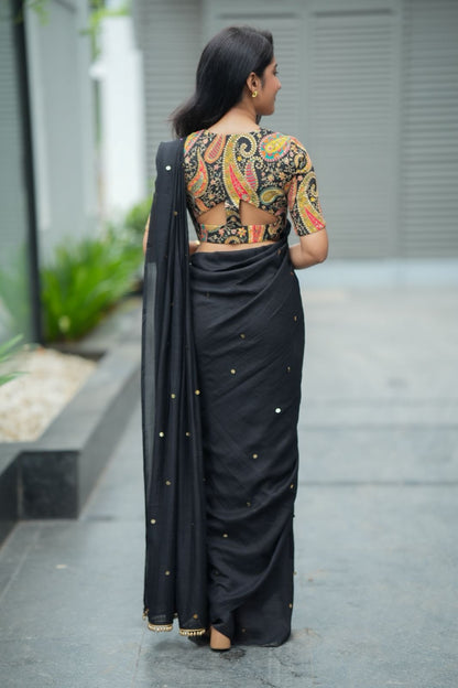 Black malai chanderi saree with heavy embroidery blouse