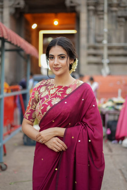 Maroon marble silk saree with embroidery blouse