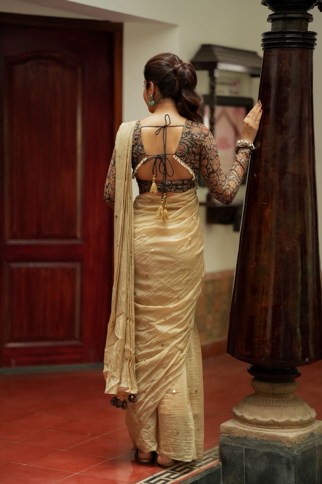Cream malai chanderi saree with Ajrak print blouse
