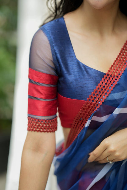 Blue maroon organza saree with patterned blouse
