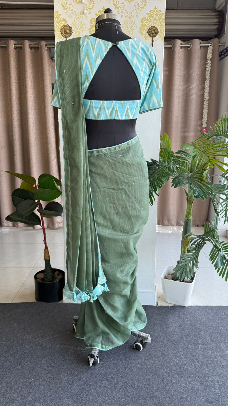 Green kota saree with blue cotton blouse