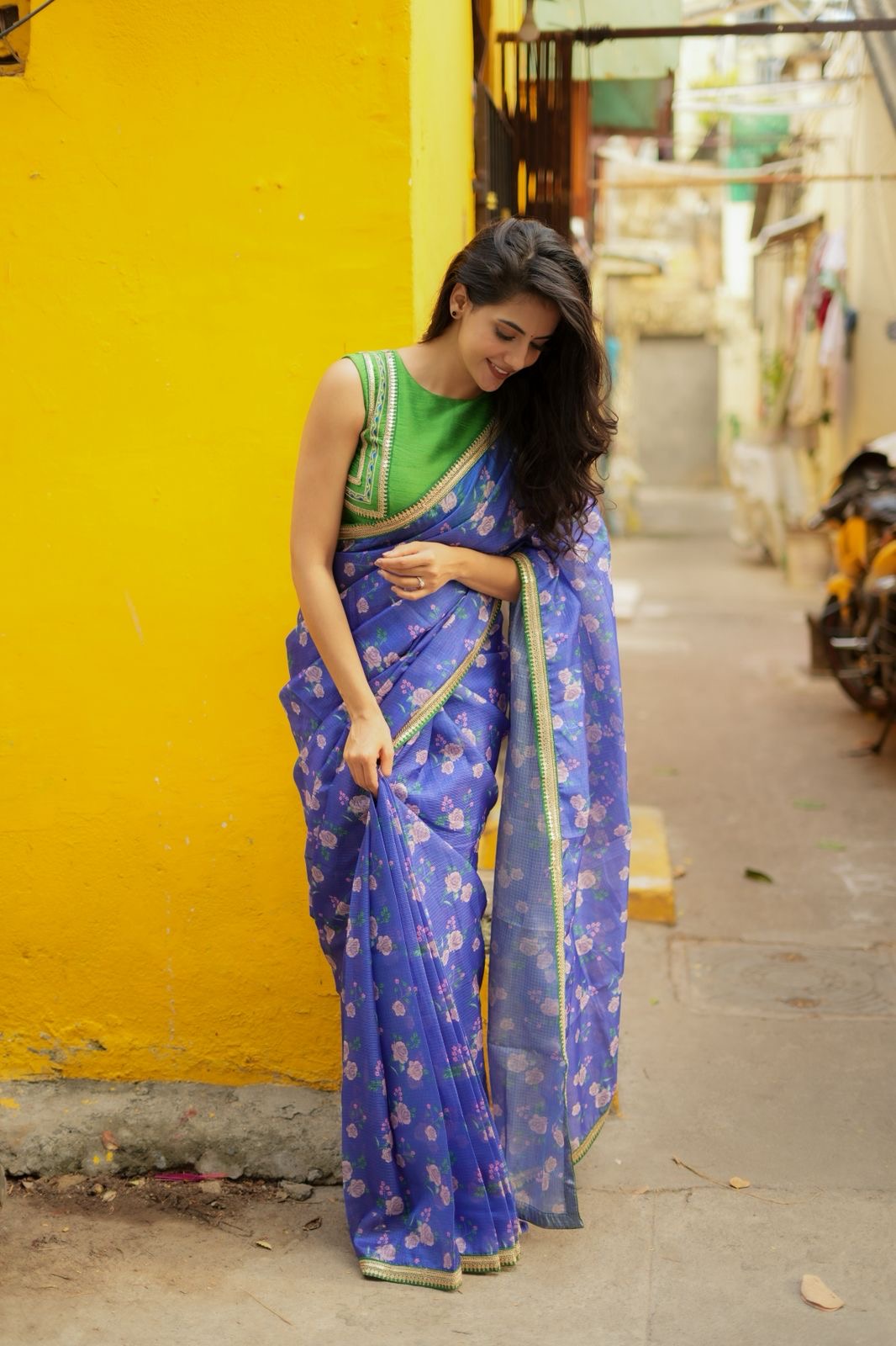 Blue kota saree with green hand work blouse