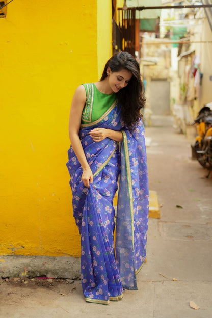 Blue kota saree with green hand work blouse