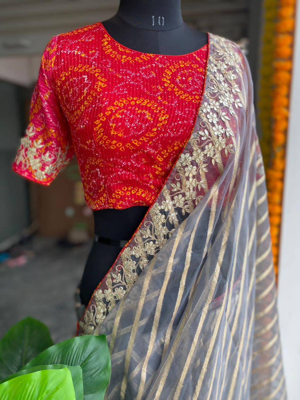 Striped grey organza saree with chiffon embroidery blouse - Threads