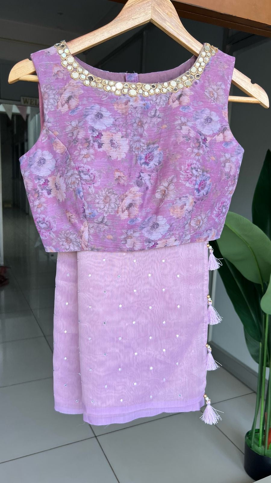 Lavender georgette mirror floral blouse(only blouse)