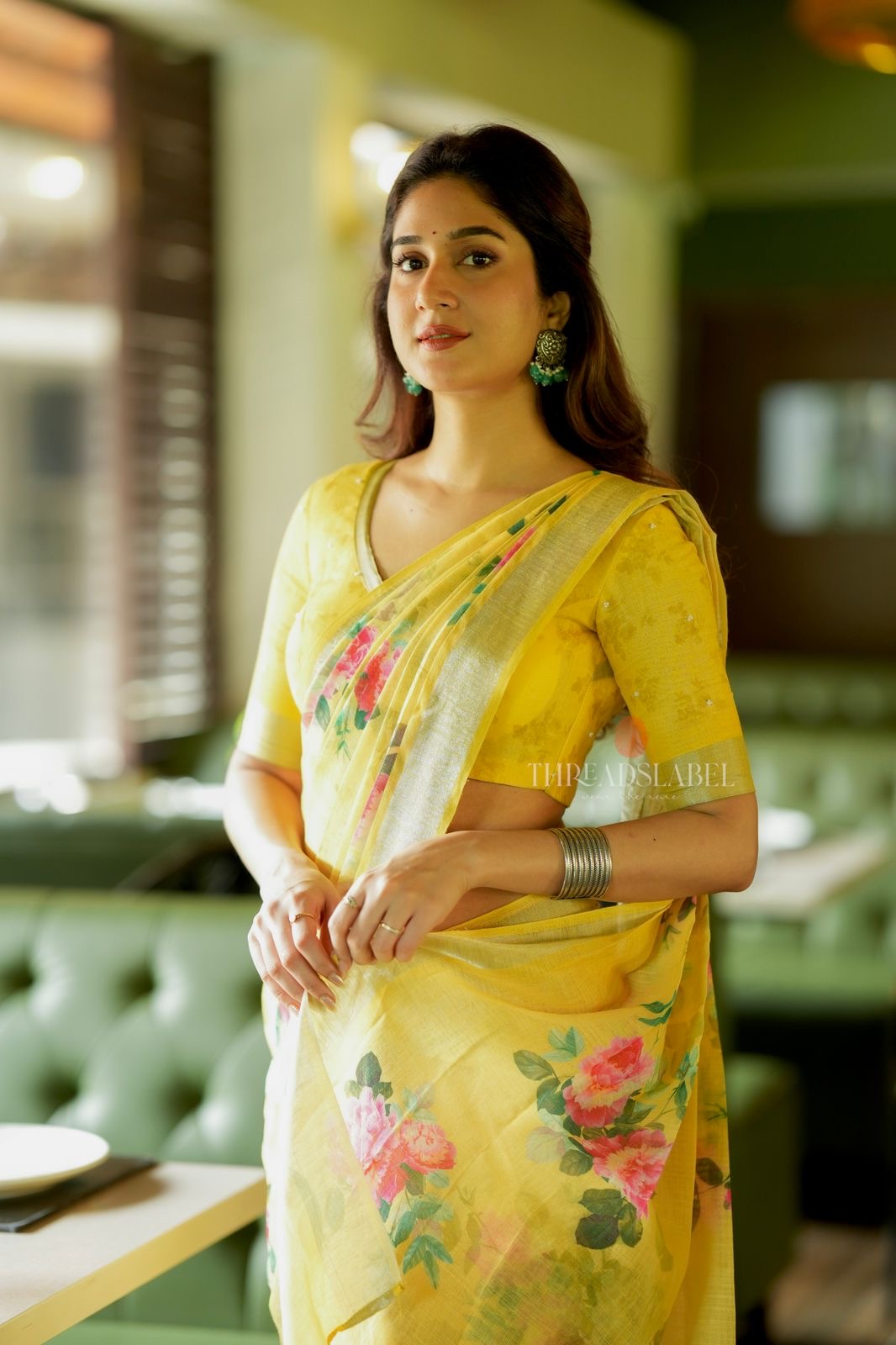 Yellow linen cotton saree with hand work blouse