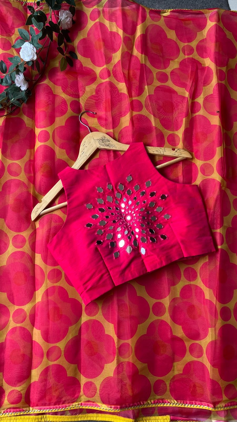 Pink intricate mirror hand work blouse ( only blouse )