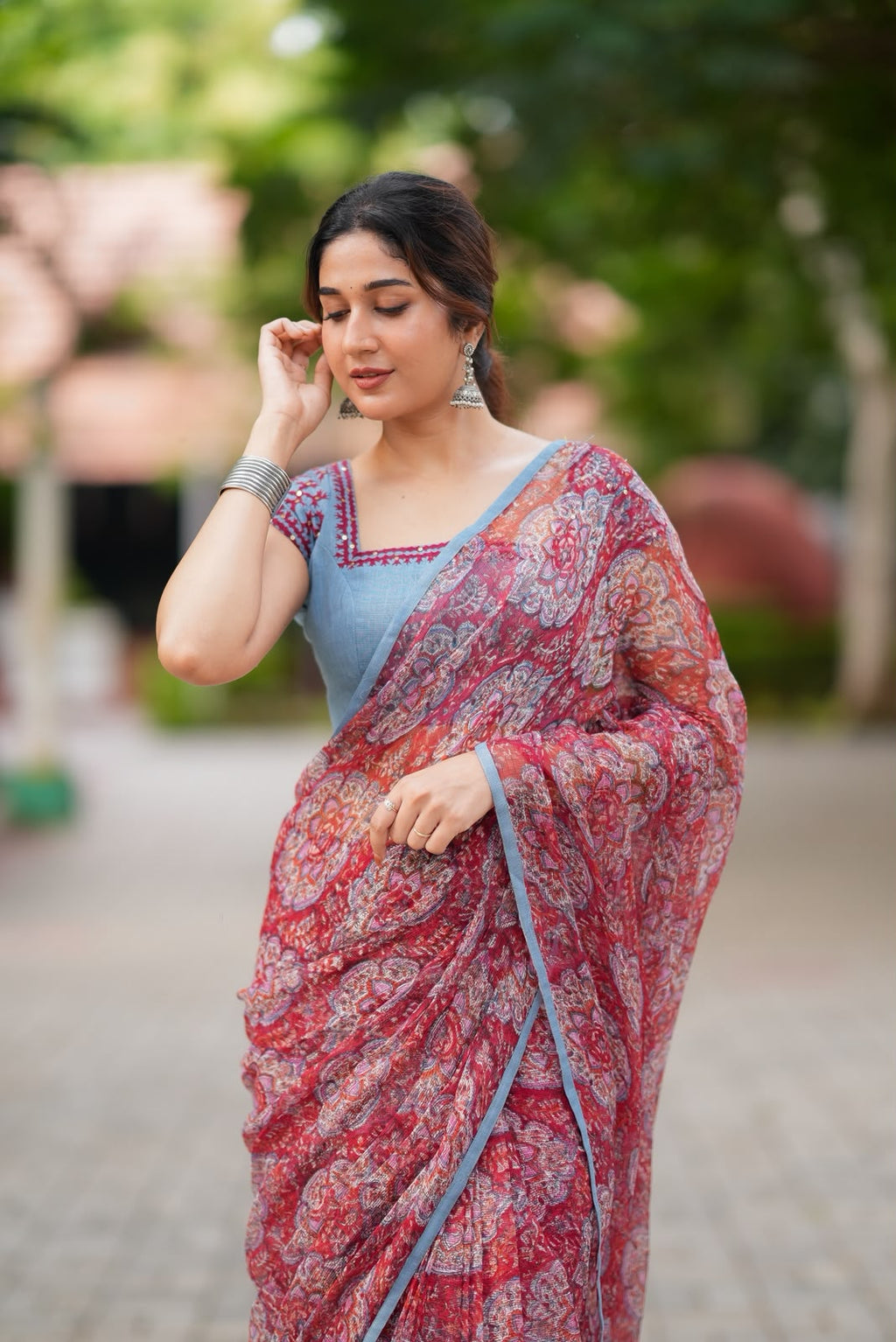 Maroon cotton kota saree with hand work blouse