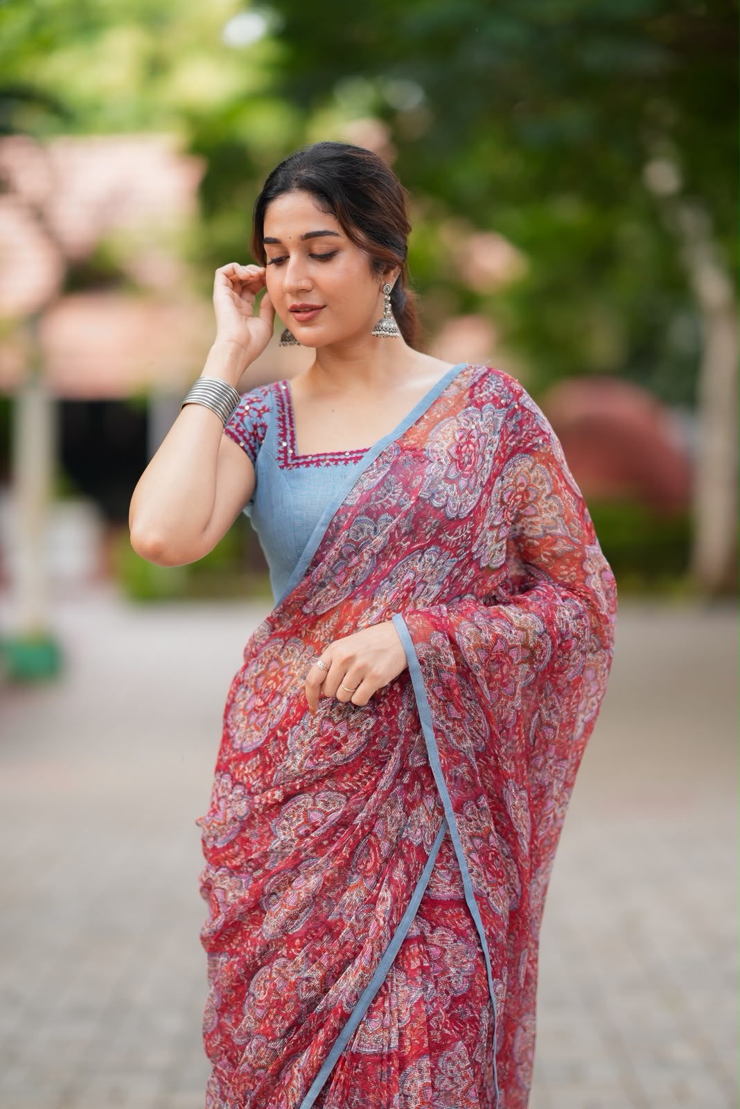 Maroon cotton kota saree with hand work blouse