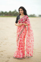 Cream red kota saree with silk hand work blouse