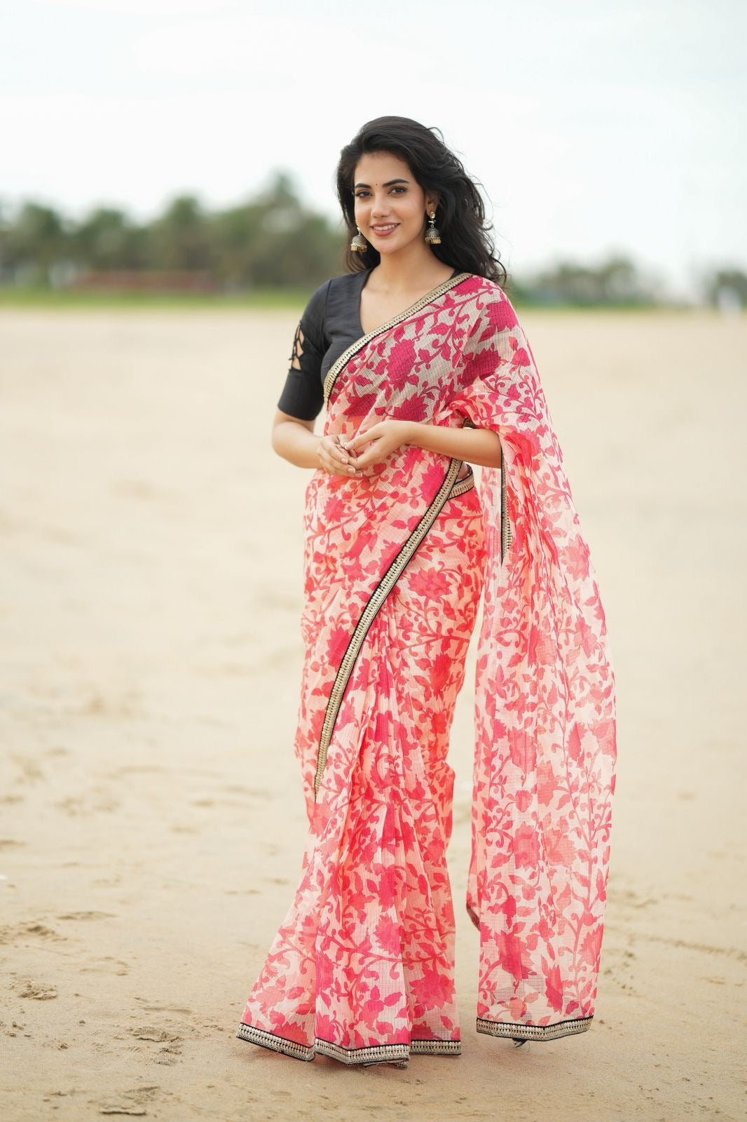 Cream red kota saree with silk hand work blouse