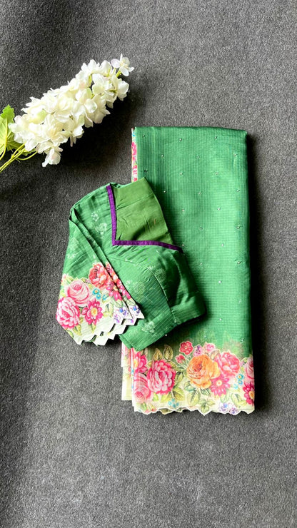 Green floral kota doria saree with patterned blouse