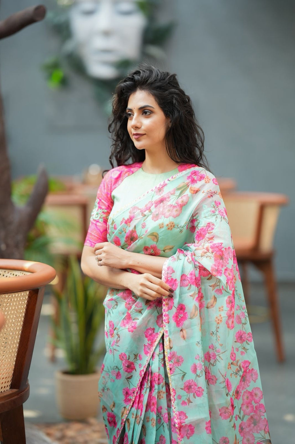 Pista floral organza saree with hand work blouse