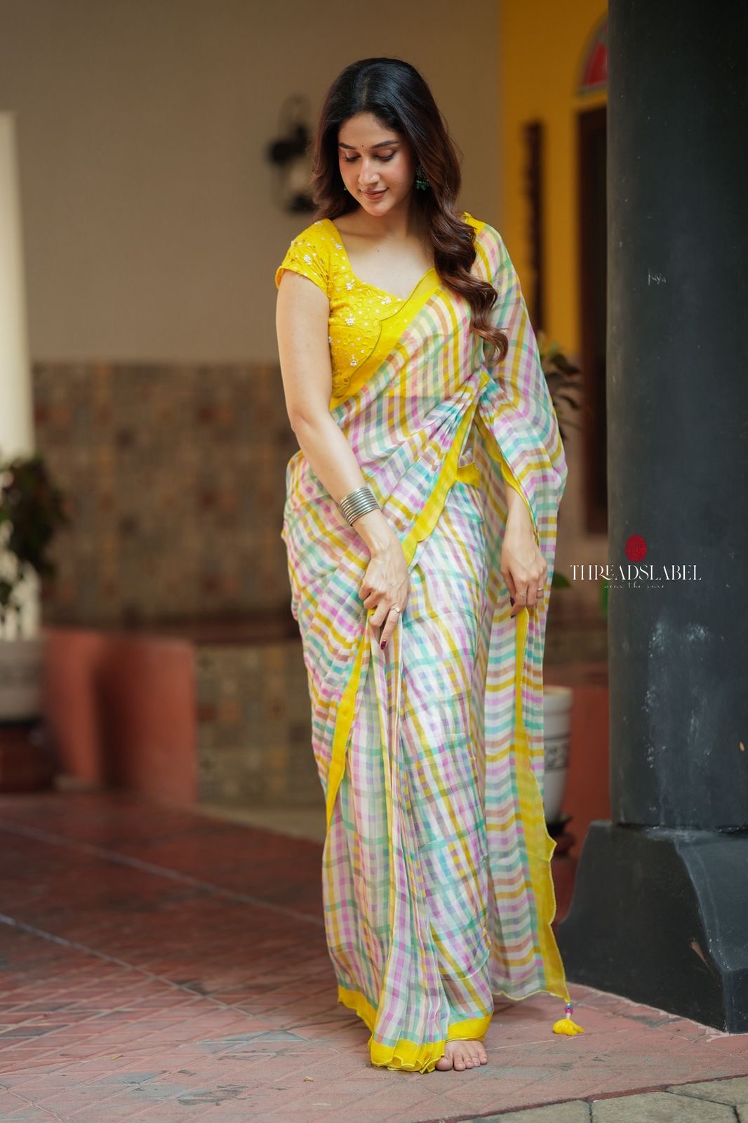 Multi viscose jute saree with hand work blouse