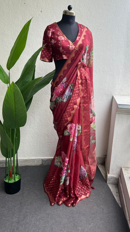 Brown kota floral saree with blouse