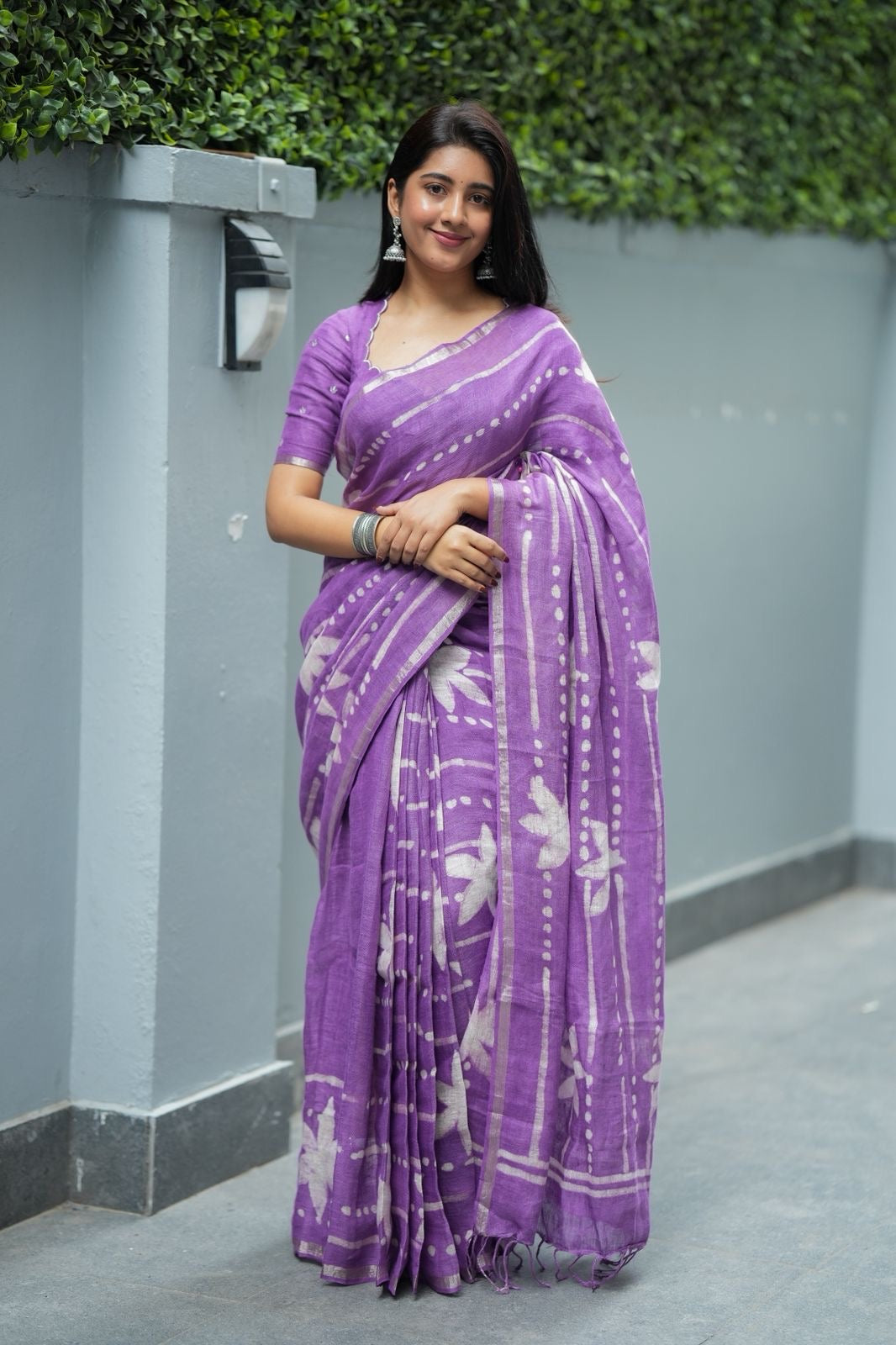 Purple linen floral saree with hand work blouse