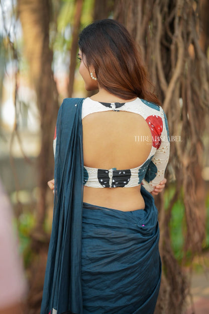 Blue mul chanderi saree with embroidery ajrak blouse