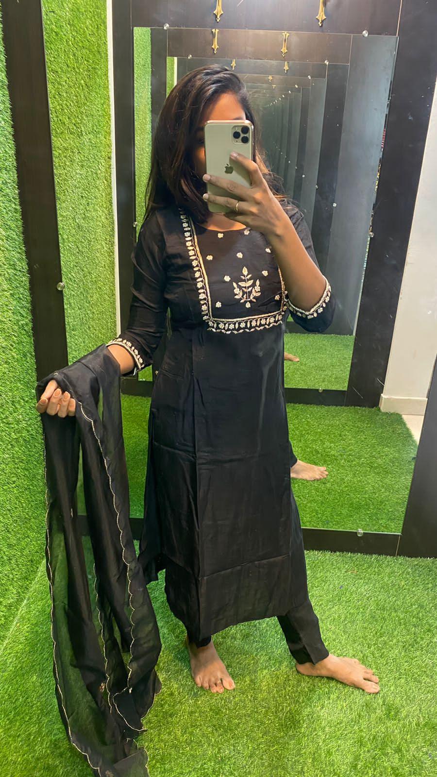 Black silk hand work embroidery 3 piece kurti set - Threads