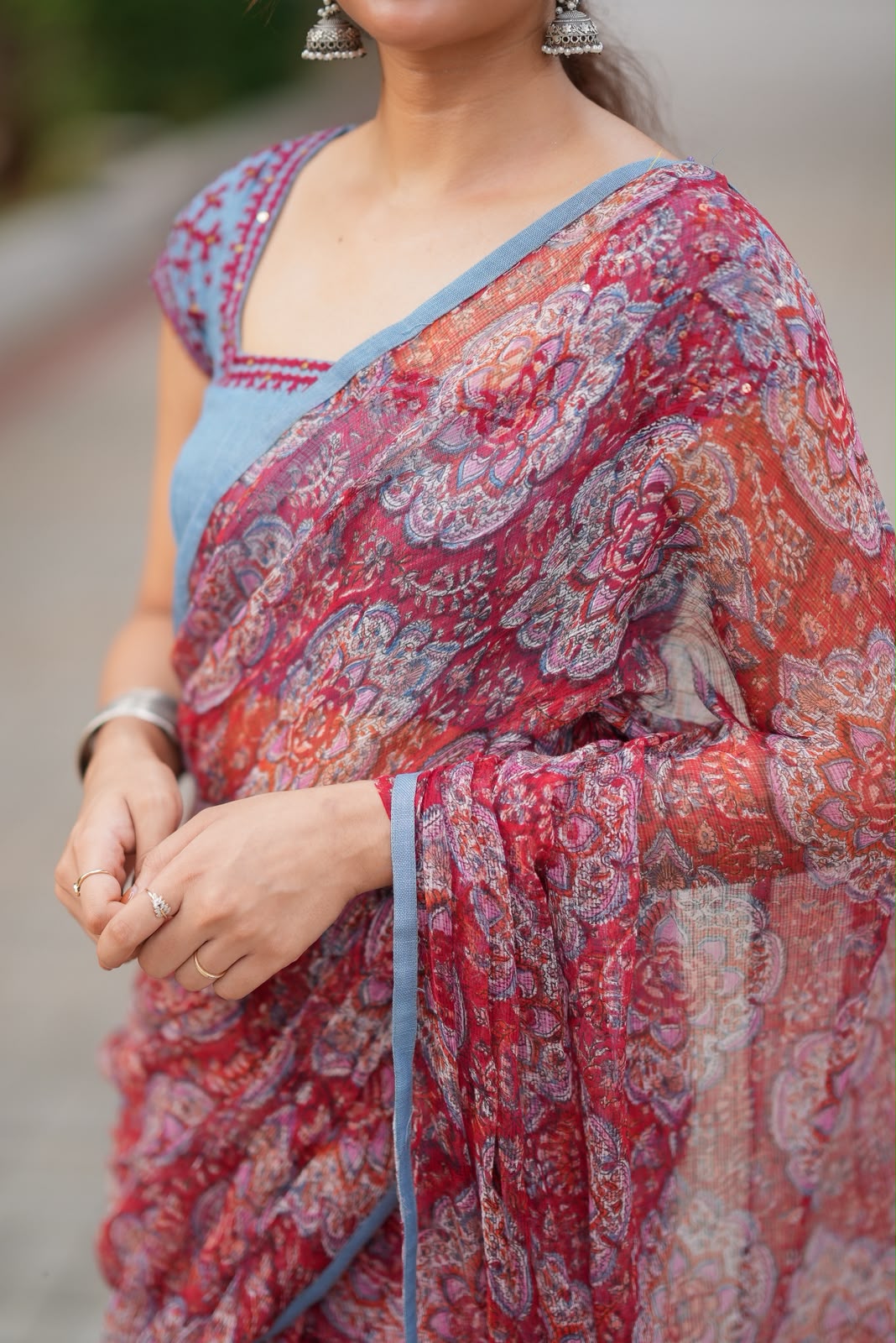 Maroon cotton kota saree with hand work blouse