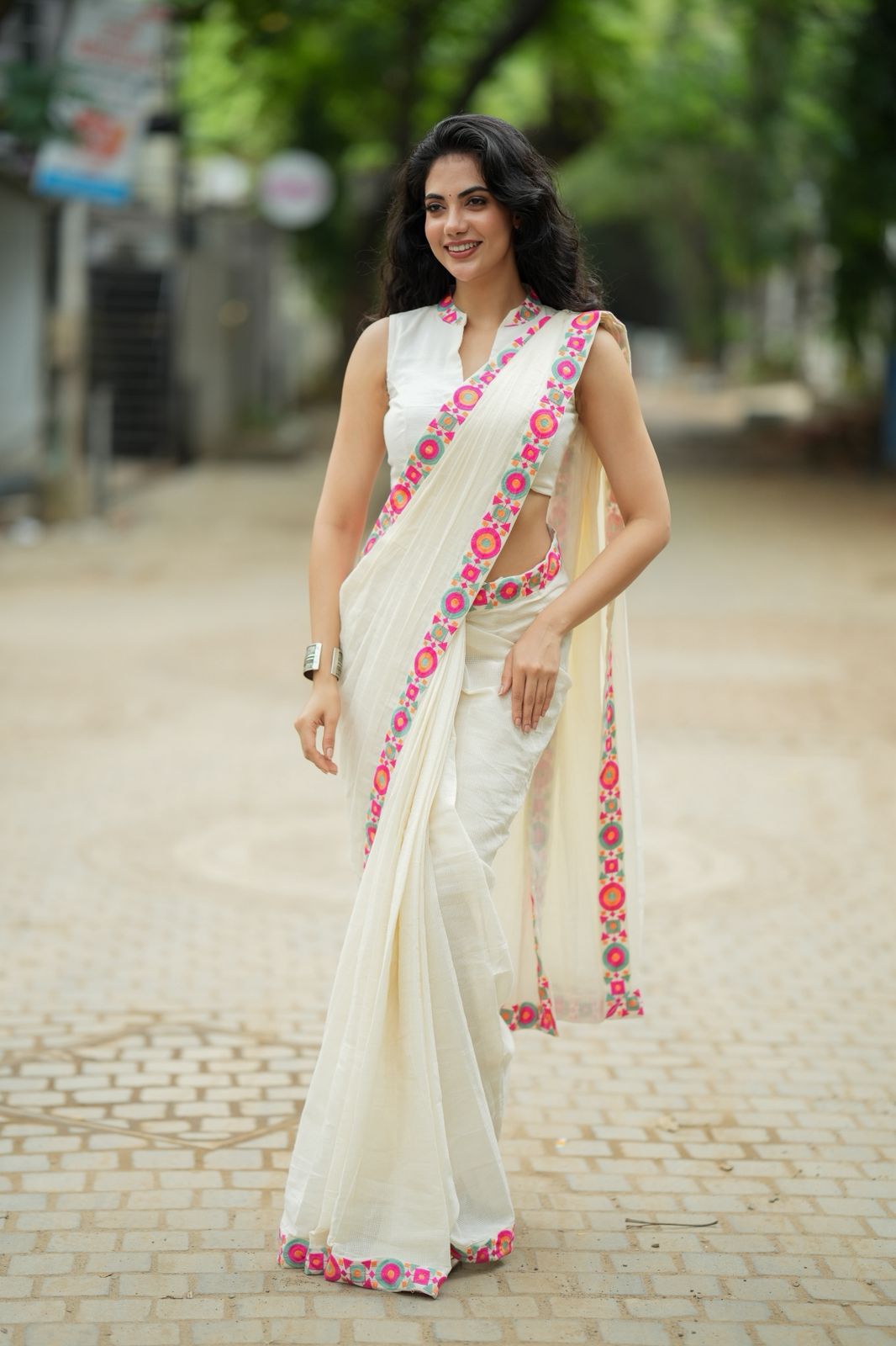 Cream cotton kota saree with embroidery work blouse