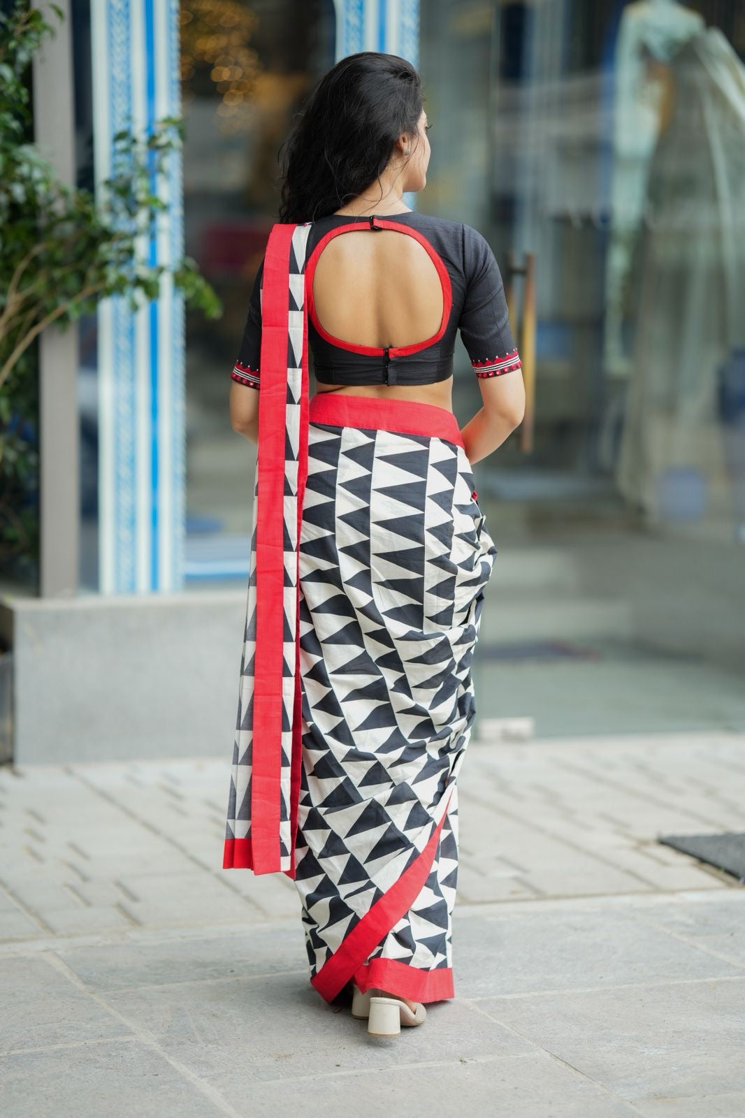 Black & white triangle saree with black hand work blouse