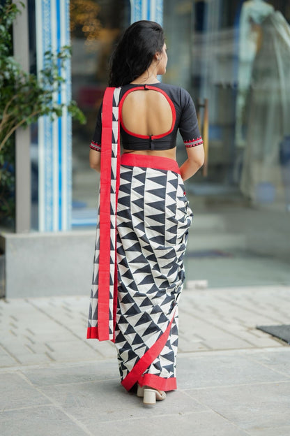 Black & white triangle saree with black hand work blouse