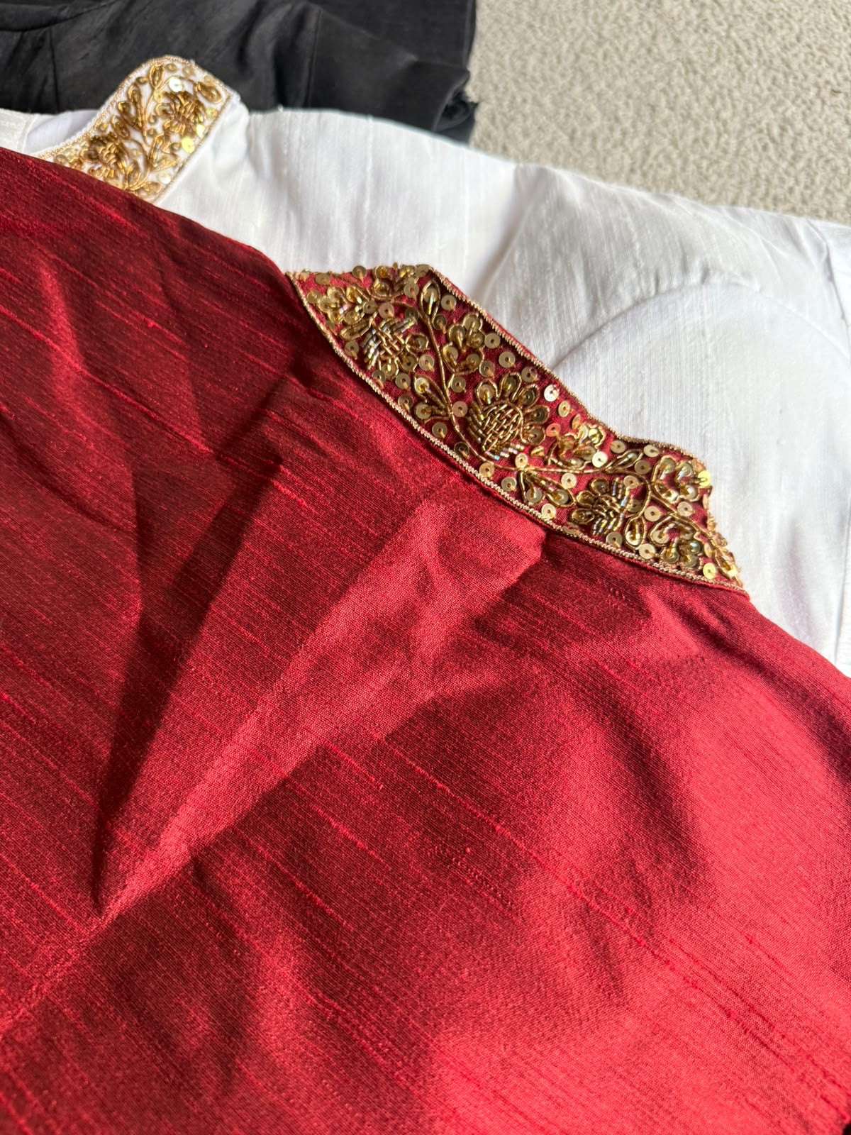 Maroon silk collar hand work blouse