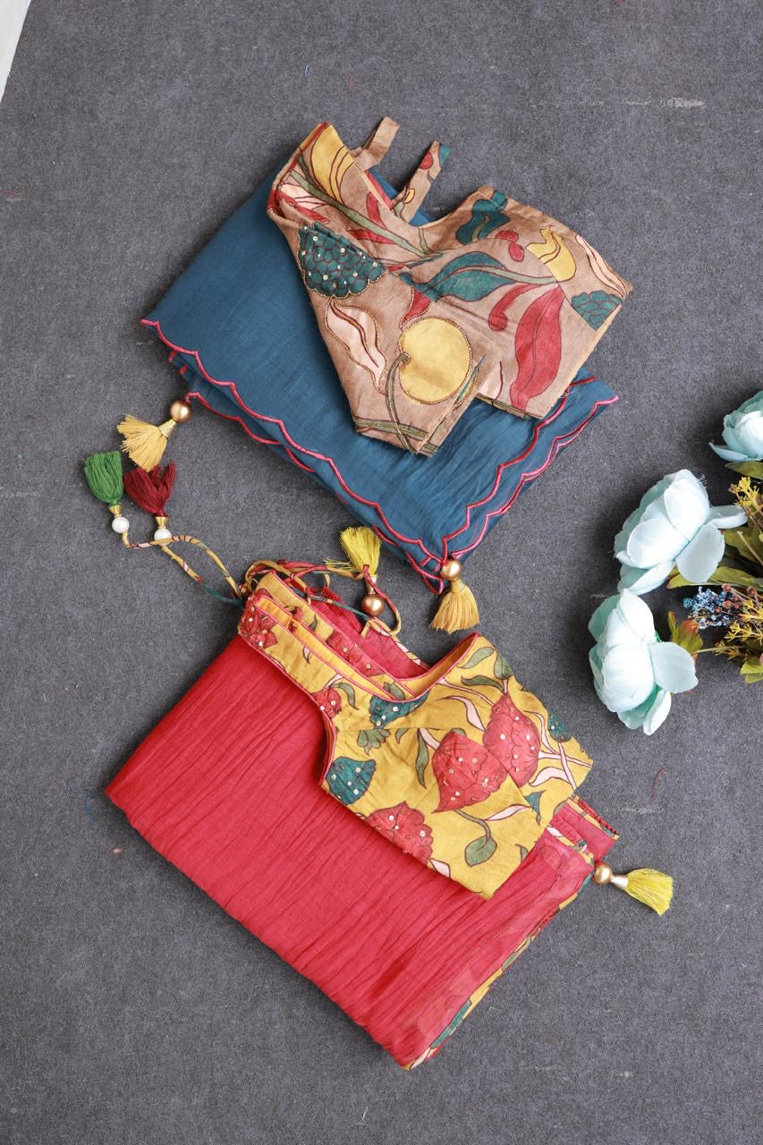 Red chanderi cotton saree with kalamkari handwork blouse