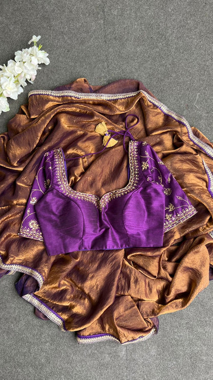 Coffee tissue saree with purple heavy hand work blouse