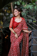 Red cotton kota saree with hand work blouse
